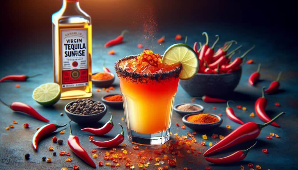 A spicy version of Virgin Tequila Sunrise featuring a hint of chili powder for a unique kick.