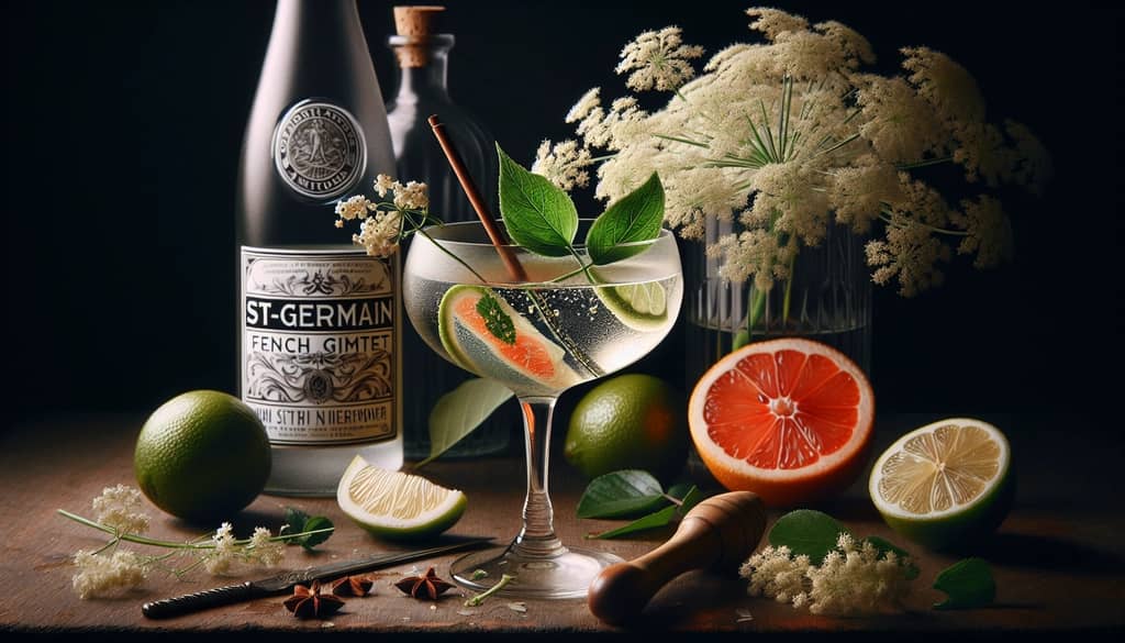 A St-Germain French Gimlet with a sprig of elderflower, highlighting its floral notes