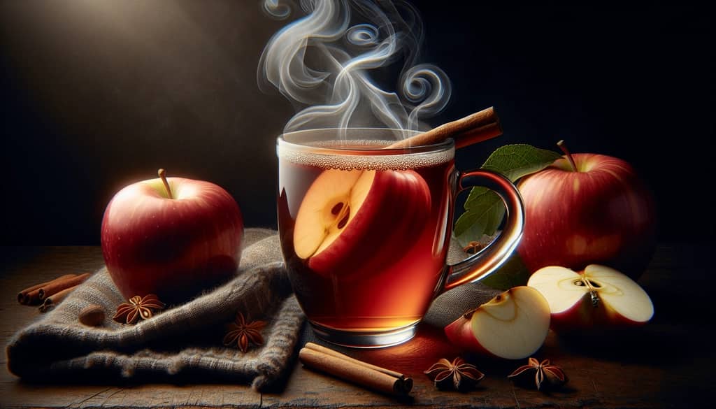 A steaming mug of Apple Cider Hot Toddy surrounded by fresh apples and a cinnamon stick, capturing the essence of cozy comfort.