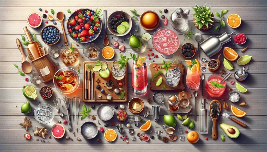A step-by-step guide illustrating the components of a cocktail recipe, including ingredients, measurements, and preparation methods.