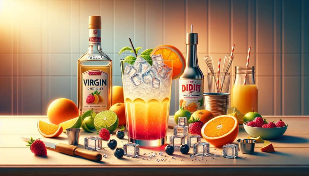 A step-by-step illustration of making a low-calorie Virgin Diet Tequila Sunrise, highlighting key ingredient swaps for a healthier choice.