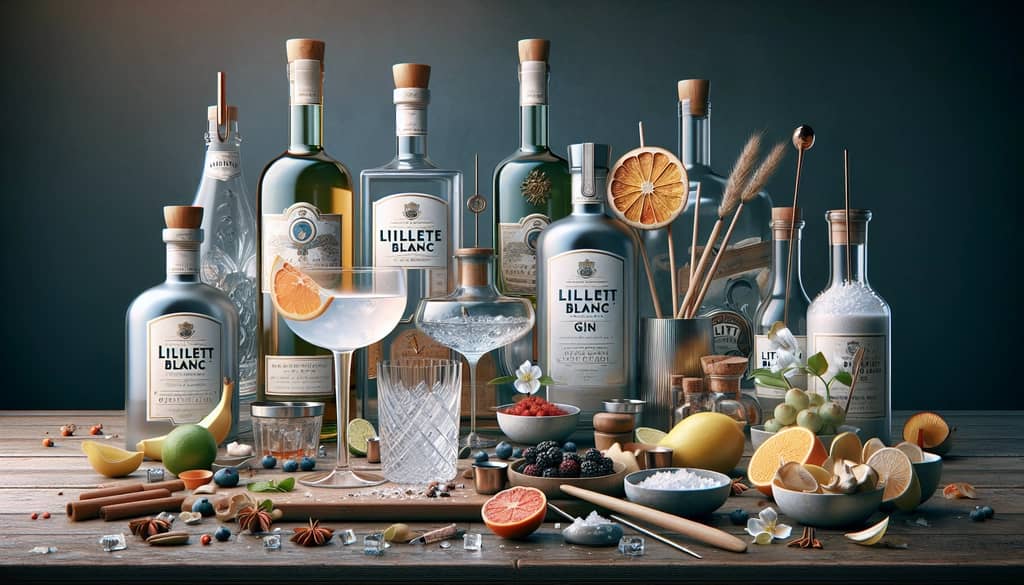 A step-by-step overview of ingredients and tools needed to create a Lillet Blanc gin cocktail