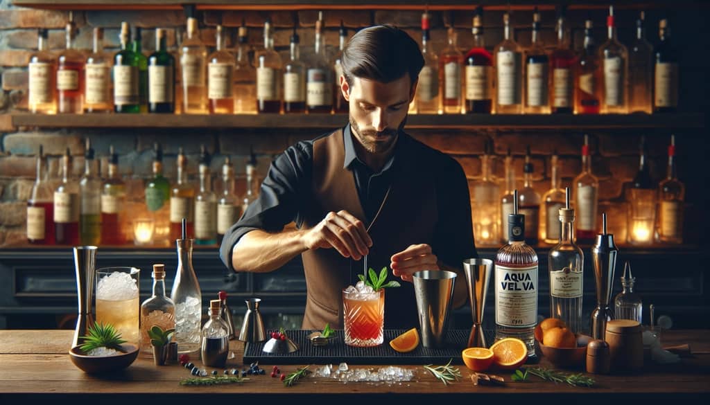 A step-by-step preparation of the Aqua Velva cocktail showing ingredients and mixing