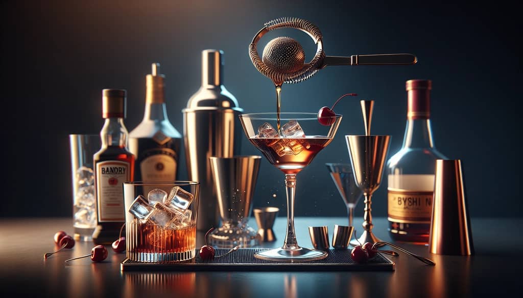 A step-by-step process of crafting a Brandy Manhattan, highlighting the delicate mixing, straining, and garnishing methods.