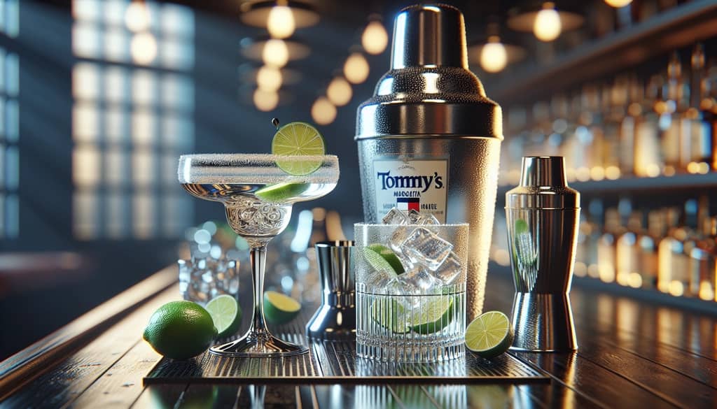 A step-by-step process of mixing a Tommy's Margarita, including the use of a cocktail shaker.