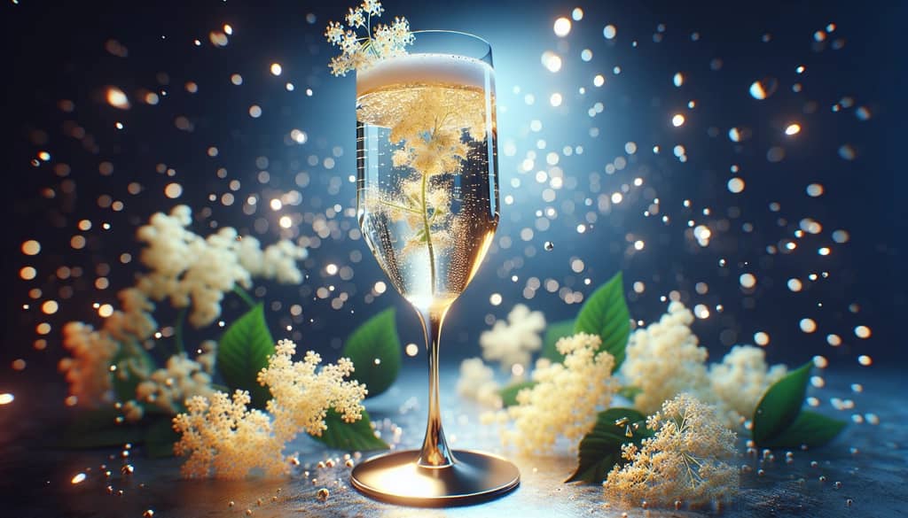 A stylish champagne flute filled with a glittering elderflower cocktail, symbolizing the harmony between bubbly champagne and delicate floral notes.