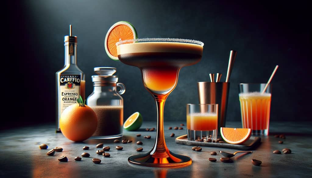 A stylish Espresso Orange Margarita showcasing the unique blend of coffee and citrus in a vibrant glass.
