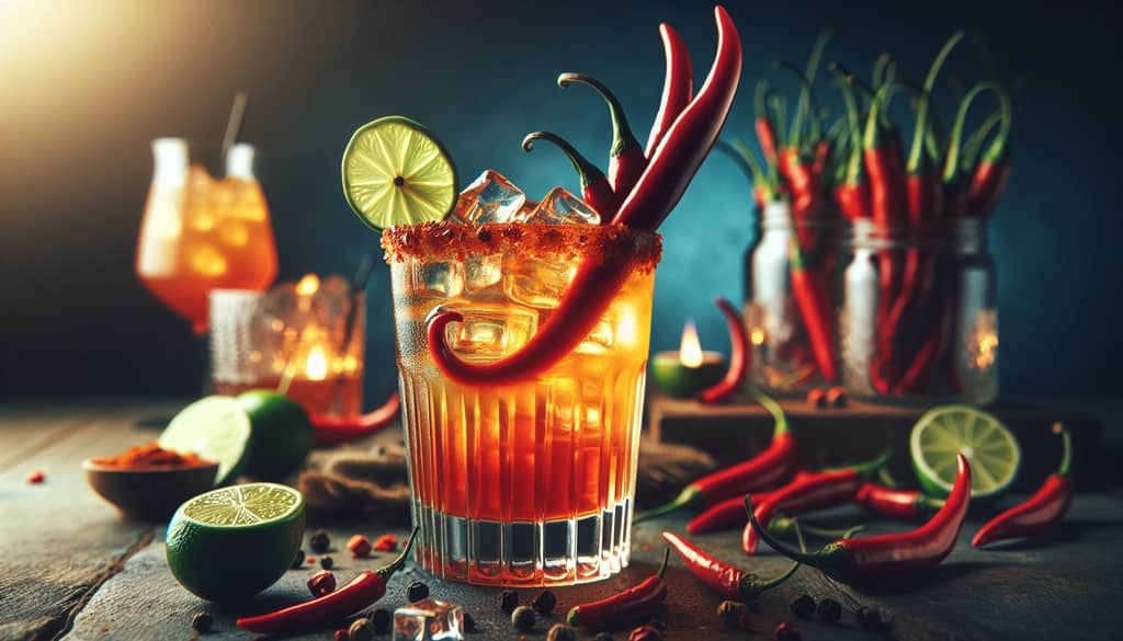 A tall glass of Spicy Tipperary cocktail garnished with a chili slice, offering a fiery twist on the classic formula.