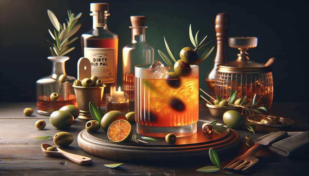 A tantalizing Dirty Old Pal cocktail, a savory twist on the classic drink with added olive brine.