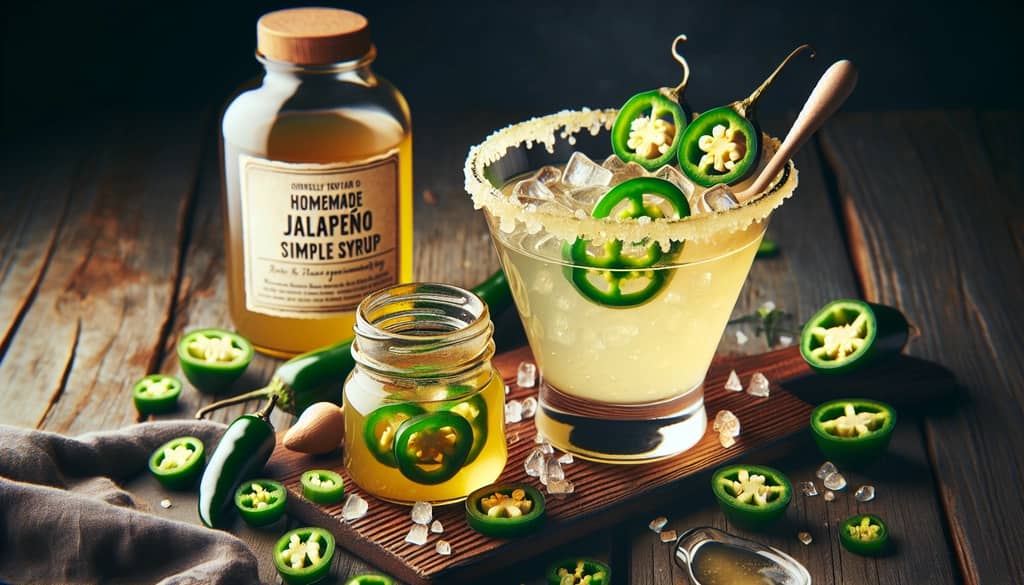 A tempting margarita garnished with jalapeño slices alongside a jar of homemade jalapeño simple syrup