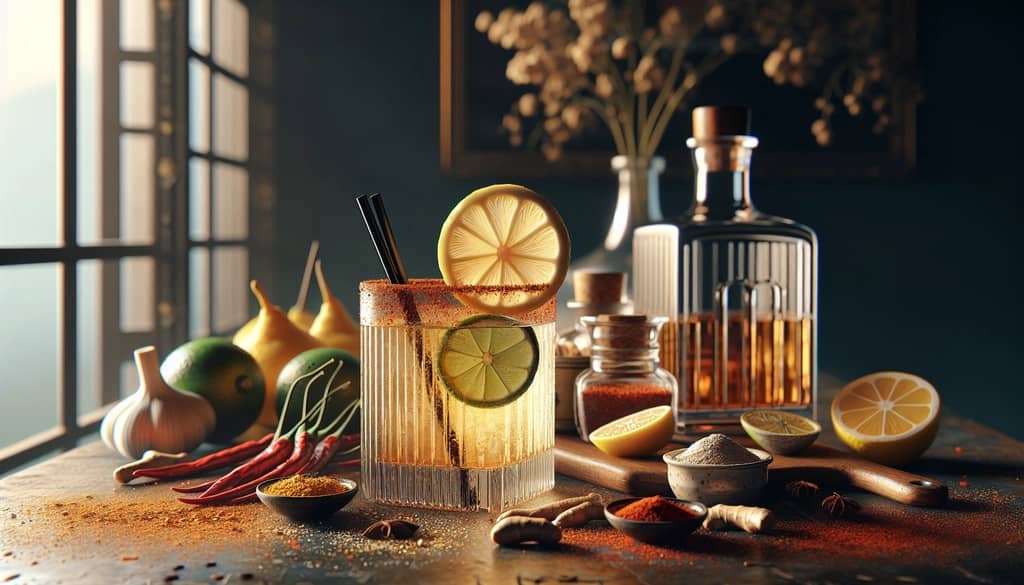 A tequila and ginger ale cocktail with a hint of chili powder, garnished with a lemon slice