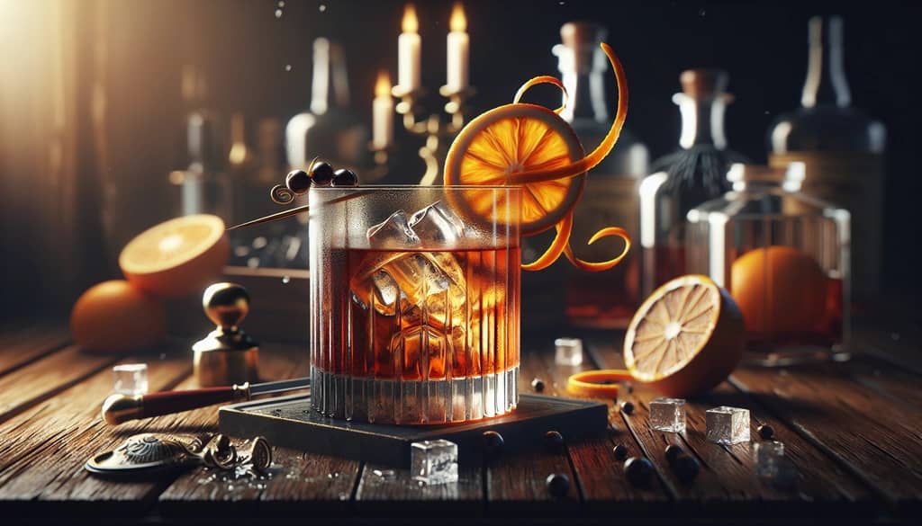 A traditional Old Fashioned cocktail garnished with an orange twist and served in a heavy-bottomed glass