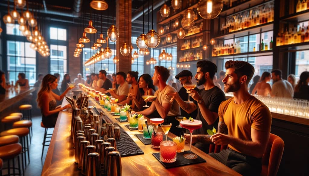 A trendy Toronto cocktail bar with patrons savoring unique drinks in a lively atmosphere