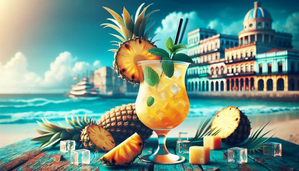 A Tropical Cuban cocktail garnished with a fresh pineapple slice and mint sprig, highlighting a summery twist