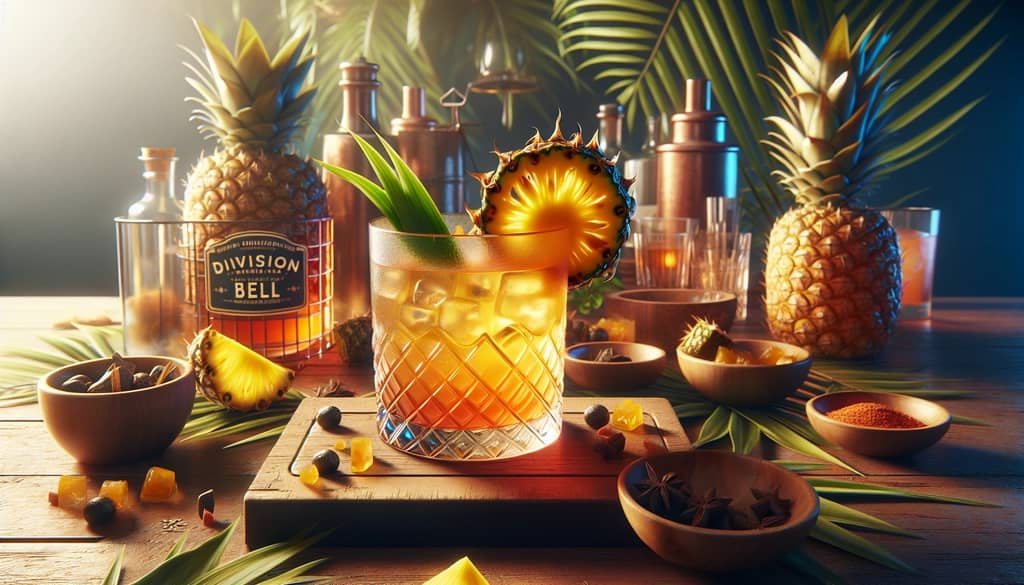 A Tropical Division Bell cocktail garnished with a pineapple wedge, offering a sweet and smoky flavor.