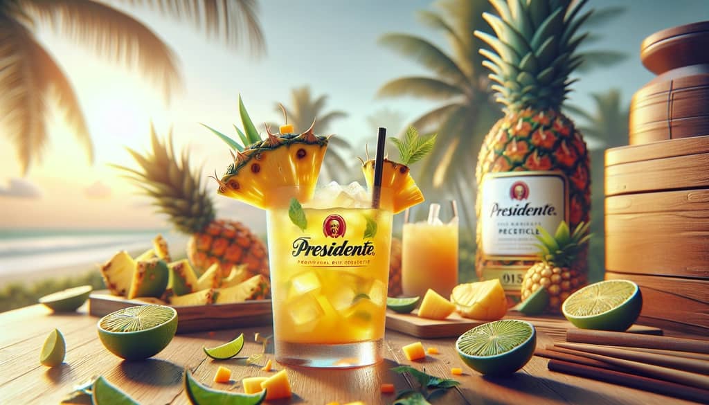 A Tropical Presidente cocktail with vibrant pineapple and citrus notes