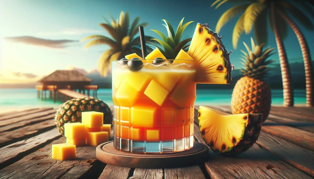 A tropical Virgin Tequila Sunrise featuring layers of pineapple and mango juices topped with a pineapple wedge.