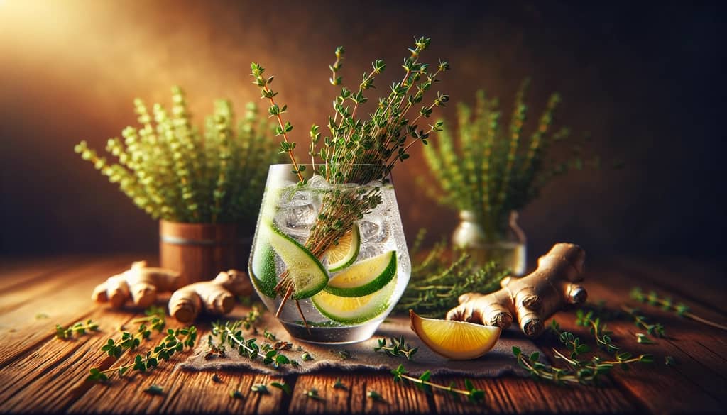 A variation of a non-alcoholic gin and tonic with fresh thyme and sliced ginger, highlighting an herbal twist
