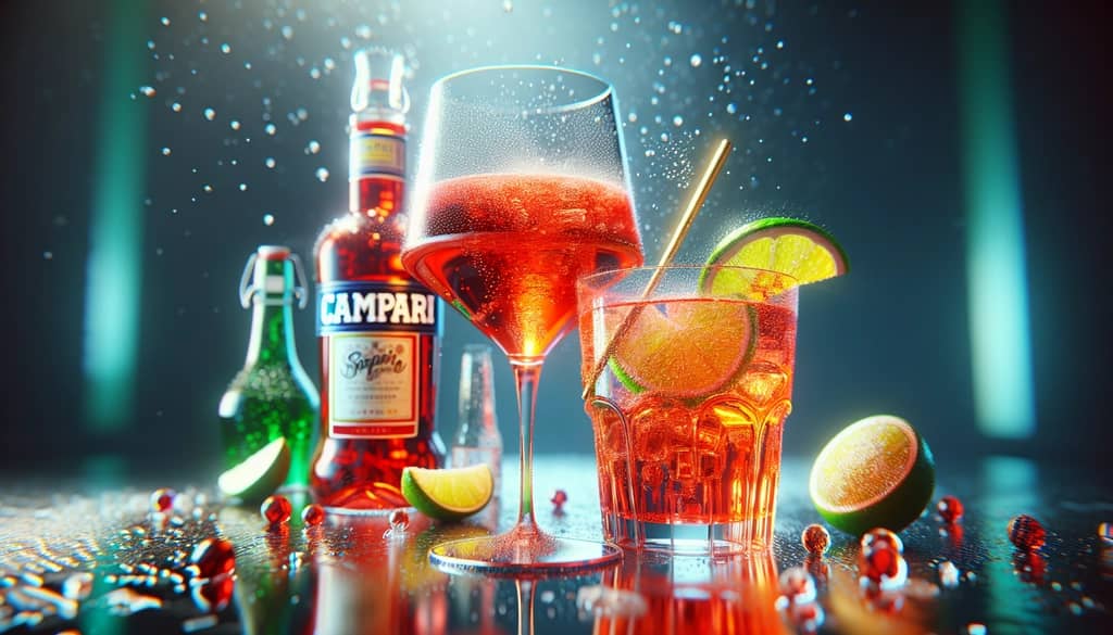 A variety of Campari-based cocktails, including a Campari Spritz with Prosecco and another with tonic water and lime.