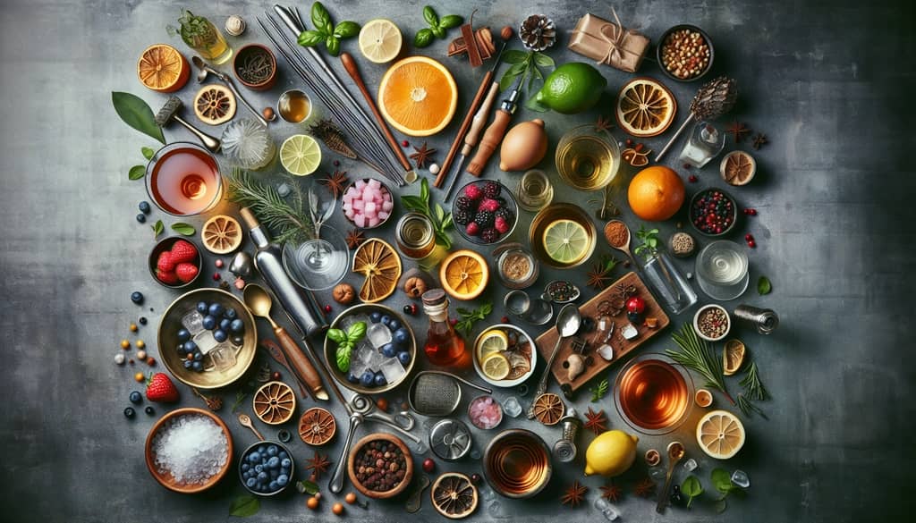 A variety of cocktail ingredients and tools set up for crafting a personalized wedding cocktail menu tailored to a specific theme and season.