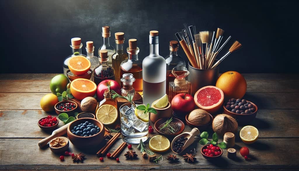 A variety of cocktail ingredients illustrating the art of adjusting vodka to create a personalized drink