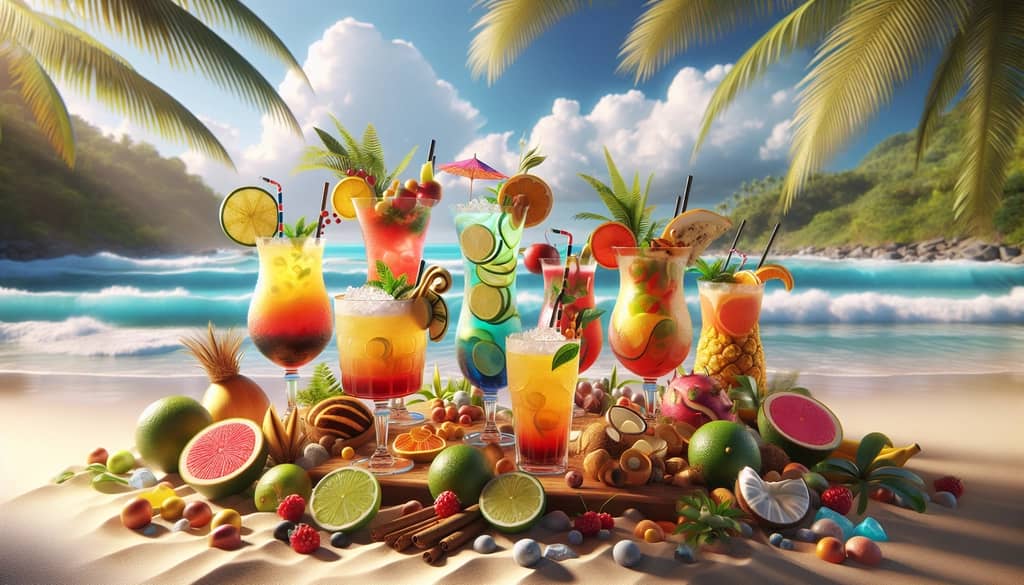 A variety of colorful Caribbean cocktails showcasing vibrant tropical flavors and island ingredients