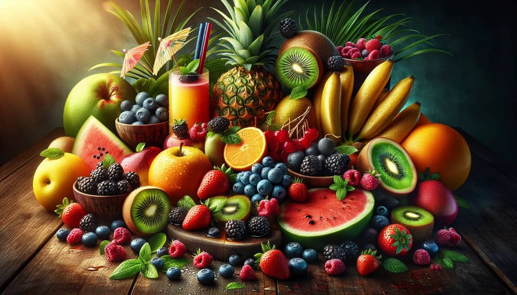 A variety of fresh tropical fruits and berries, key ingredients for creating fruity cocktails