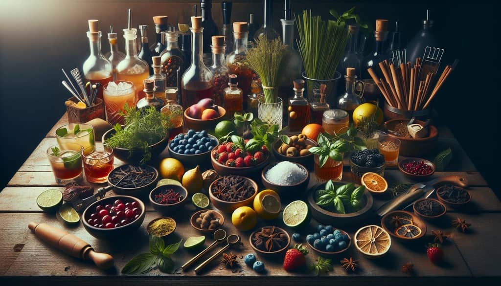 A variety of herbs, fruits, and bitters used as cocktail additions, enhancing both taste and aesthetics