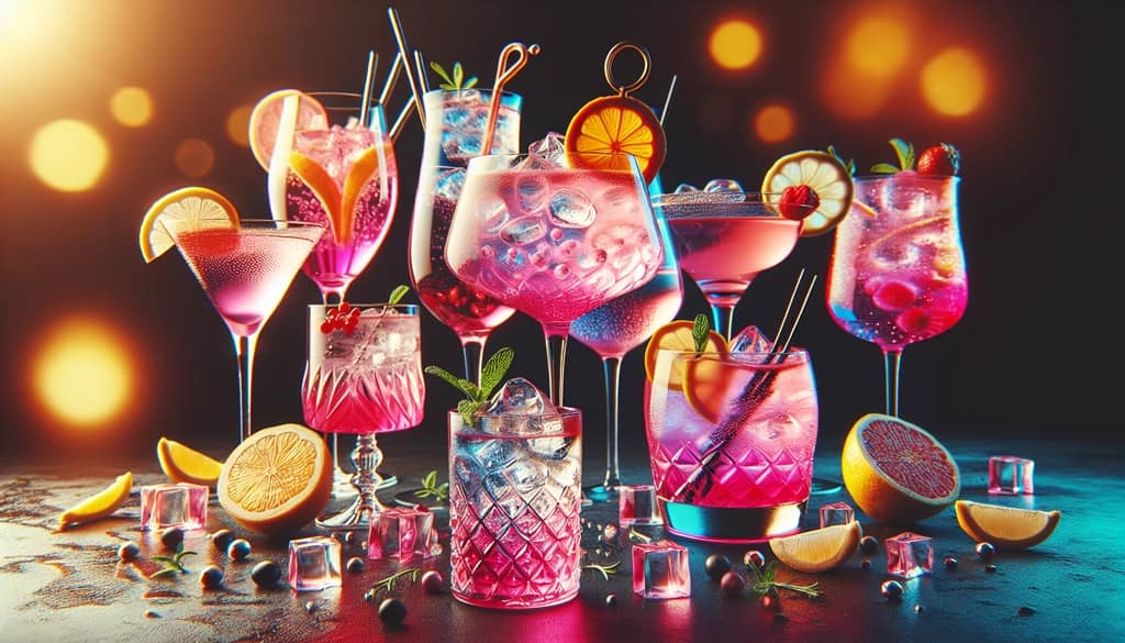 A variety of refreshing pink gin and lemonade cocktails in vibrant glassware