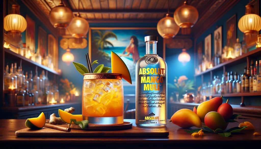 A vibrant Absolut Mango Mule cocktail, highlighting the exotic blend of mango vodka and ginger beer