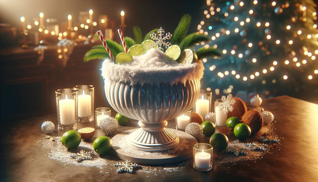 A vibrant and inviting White Christmas Margarita Punch bowl ready for a festive party, adorned with coconut and lime for extra cheer.