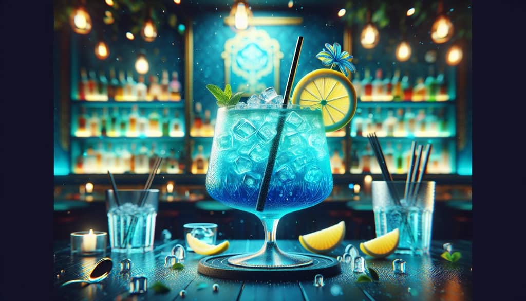 A vibrant Aqua Velva cocktail with its signature blue hue, garnished with a lemon slice