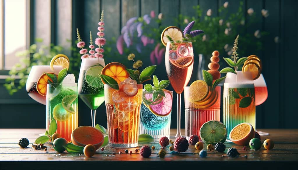 A vibrant assortment of amaro-based spritzes on a table, each featuring unique botanical garnishes.