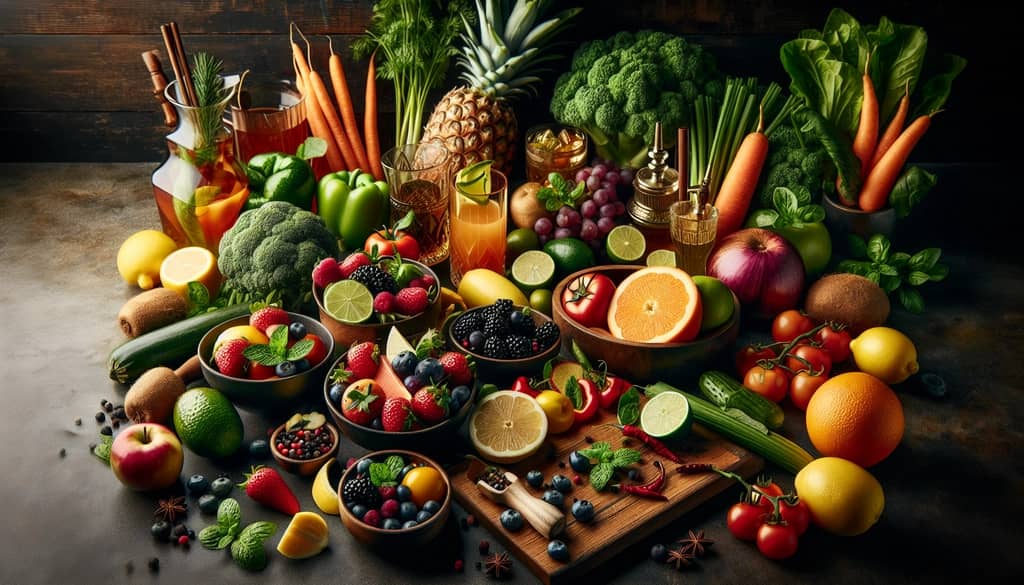 A vibrant assortment of fresh fruits and vegetables ready to enhance a delicious cocktail