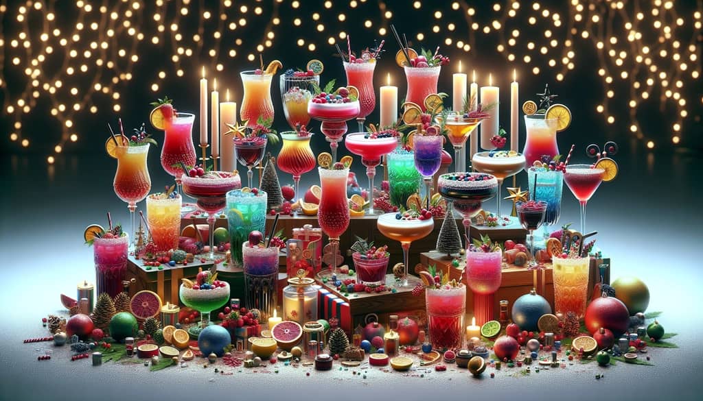 A vibrant assortment of holiday cocktails showcasing festive colors and garnishes