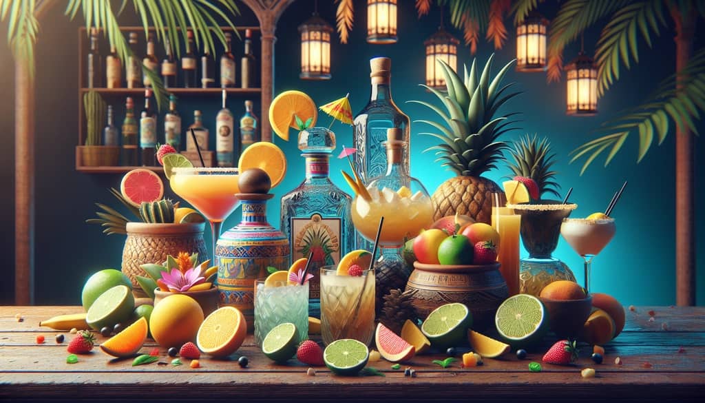 A vibrant assortment of traditional Latin American cocktails featuring tequila, mezcal, and tropical fruits.
