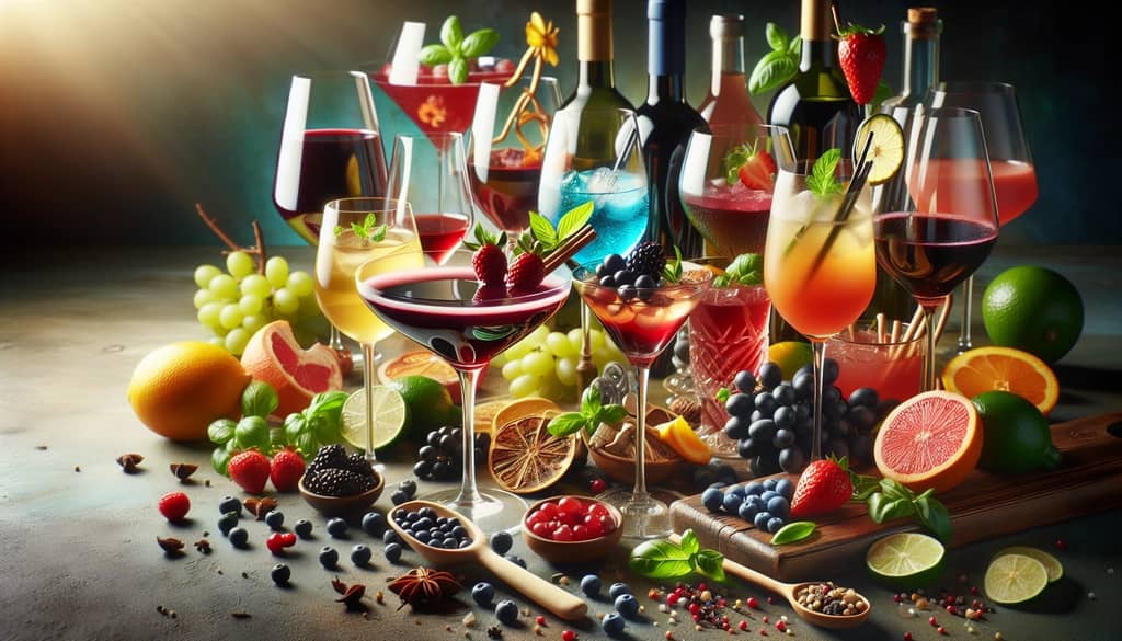 A vibrant assortment of wine cocktails showcasing their colorful ingredients and unique flavors