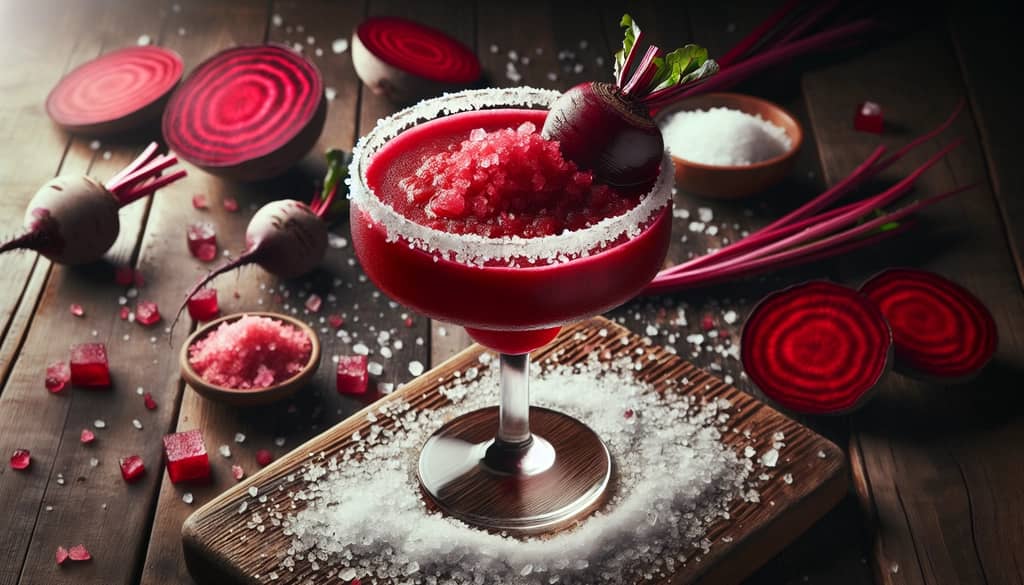 A vibrant Beet Juice Margarita in a salted-rim glass highlighting its striking color and earthy ingredients