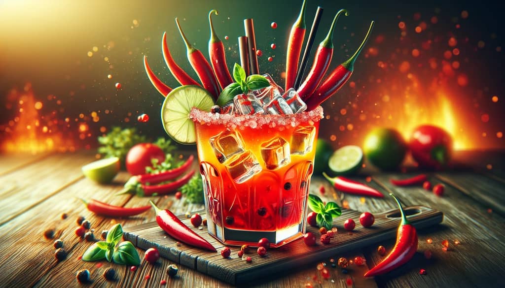 A vibrant cocktail garnished with fresh chili peppers, symbolizing the spicy twist chili peppers add to drinks
