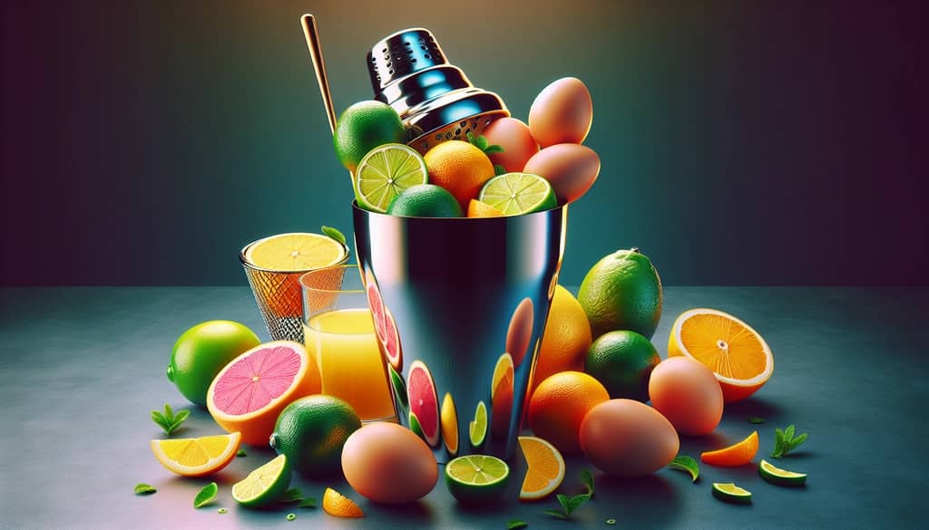 A vibrant cocktail shaker with fresh citrus fruits and eggs, symbolizing shaking essentials.