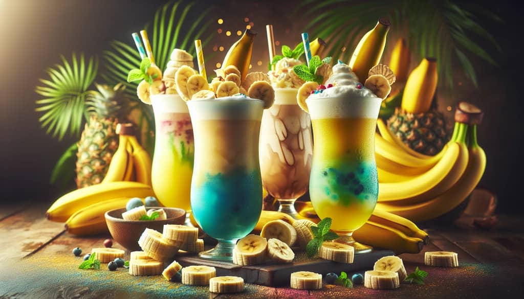 A vibrant collection of banana-infused cocktails showcasing their creamy texture and tropical appeal