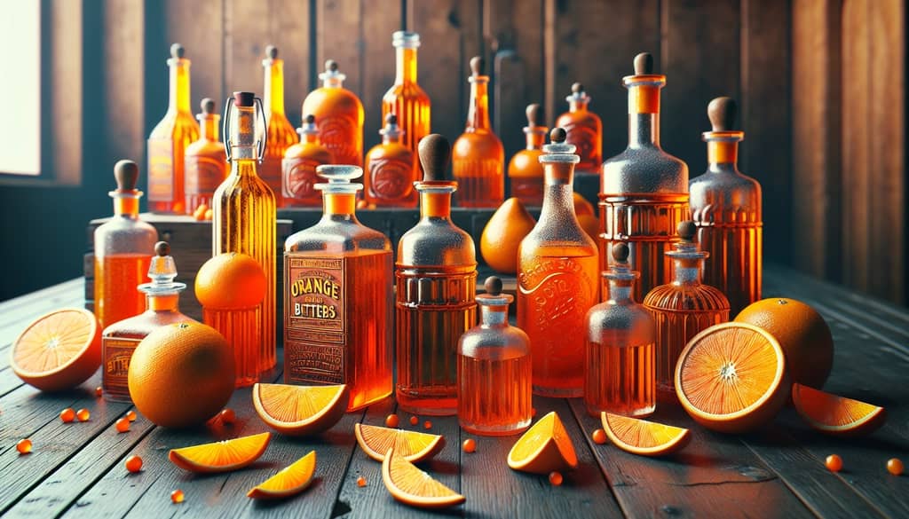 A vibrant collection of orange bitters bottles, showcasing their citrusy essence