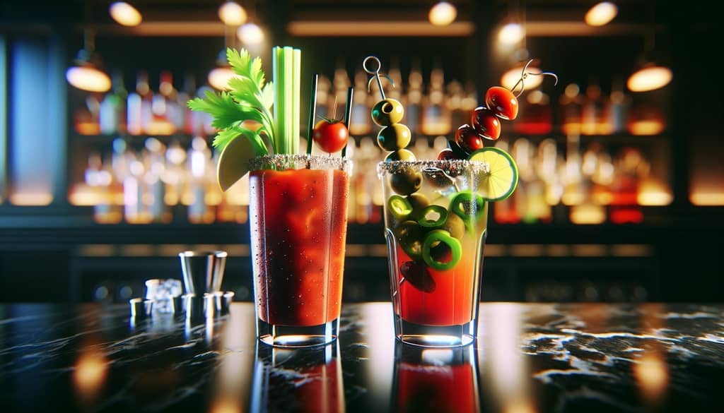 A vibrant comparison of Bloody Mary and Bloody Maria cocktails highlighting their distinct base spirits and garnishes.