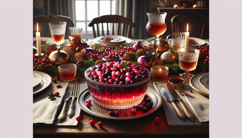 A vibrant cranberry bourbon relish adorning a festive dining table, symbolizing its versatile use as a condiment.
