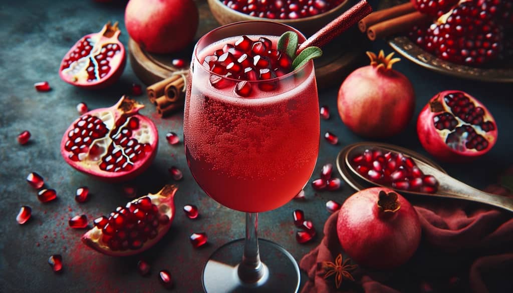 A vibrant Cranberry Pomegranate Mimosa with a rich red hue, topped with pomegranate seeds for an eye-catching brunch drink.