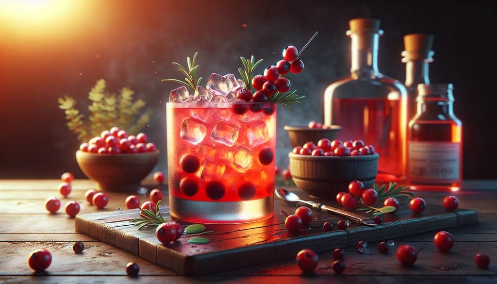 A vibrant Cranberry Vodka Sunrise cocktail with fresh cranberries garnish
