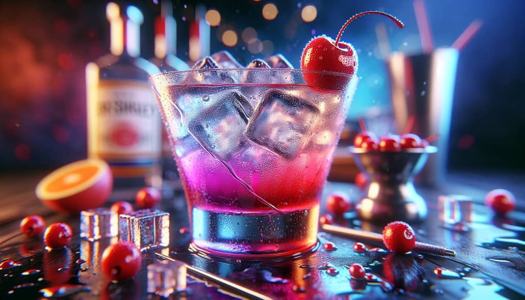 A vibrant Dirty Shirley cocktail featuring silver tequila, adorned with a cherry and served in a glass with ice.