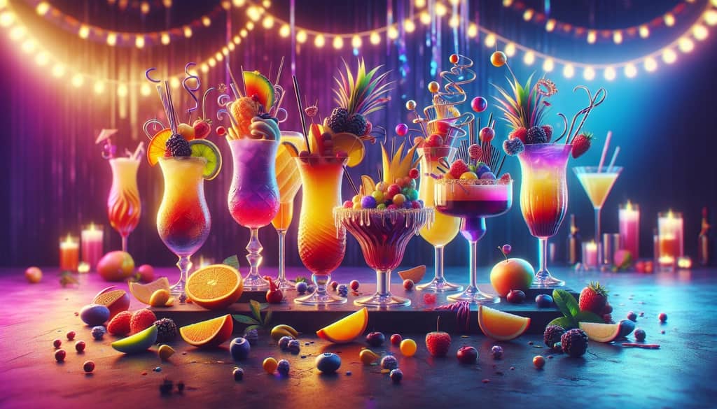 A vibrant display of colorful party cocktails, each with unique garnishes and striking presentations.
