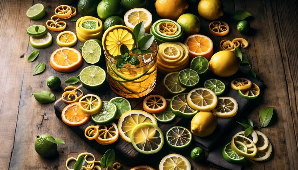 A vibrant display of garnishes such as lemon wheels and lime peels to enhance the Whiskey Sour experience.