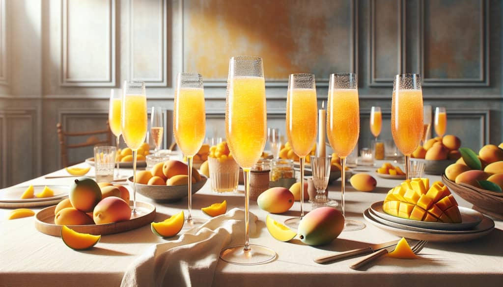 A vibrant display of sparkling mango mimosas perfect for brunch gatherings.